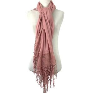 Women Fringe Lace Fairy Hippie Cottagecore Boho Scarf Shawl Pink Mauve 80”x34”